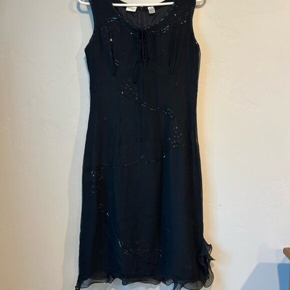 Anopia Italian Silk Y2K Sequined Embroidered Black Midi Dress Ruffle Hem Size 10 - Picture 1 of 7
